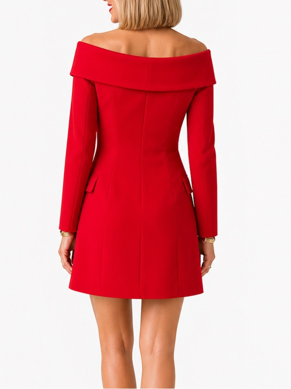 Red Off Shoulder Blazer Dress Double Breasted Tailored Coat Dress S - Picture 3 of 7